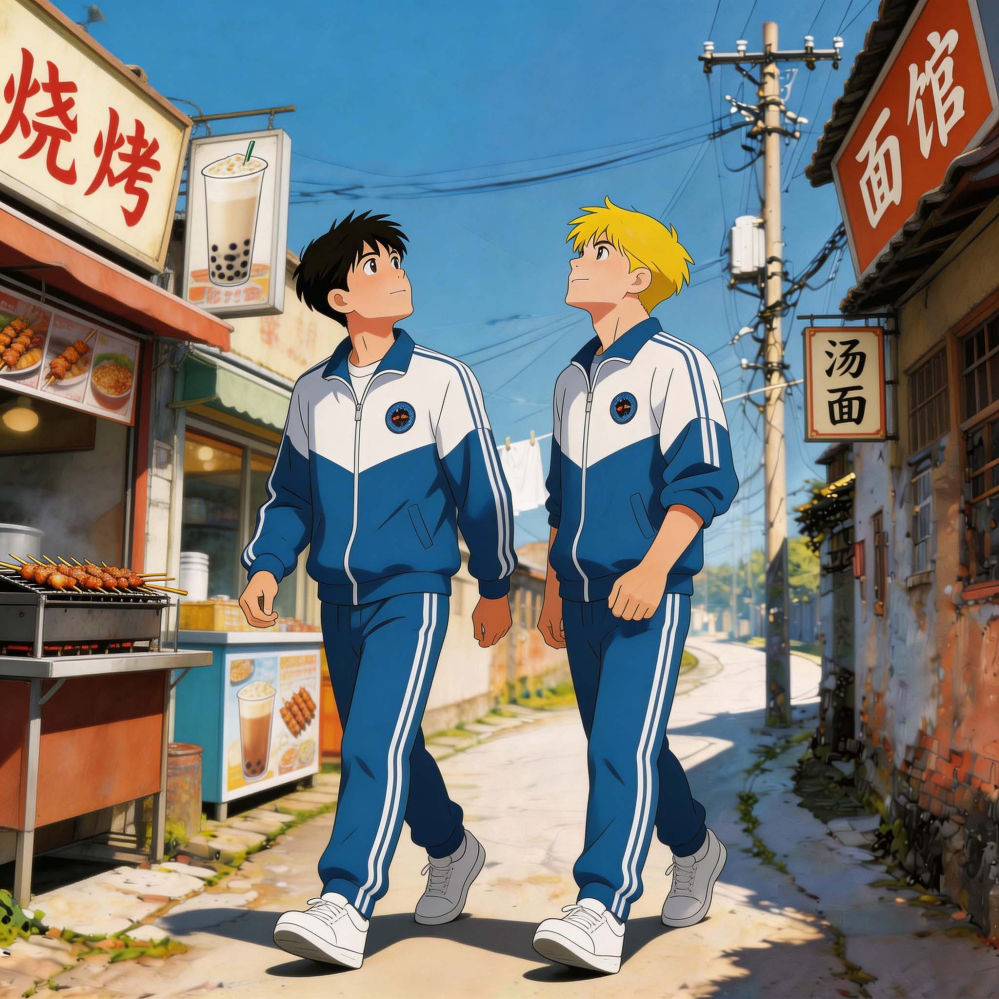 小良和学文走在小巷