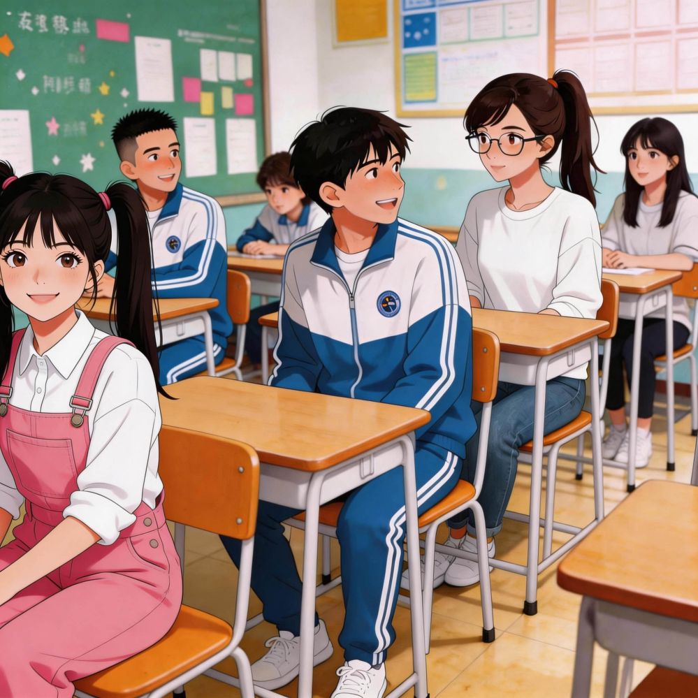 教室内小雨打招呼