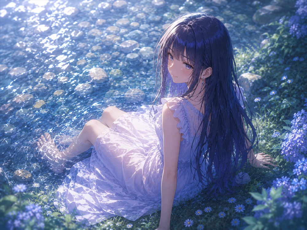 坐在河畔的少女